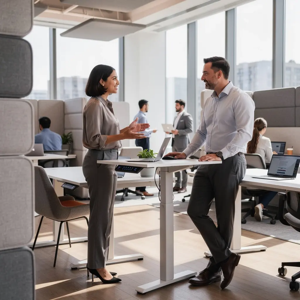 Strefa relaksu w biurze z roślinami i wygodnymi fotelami.