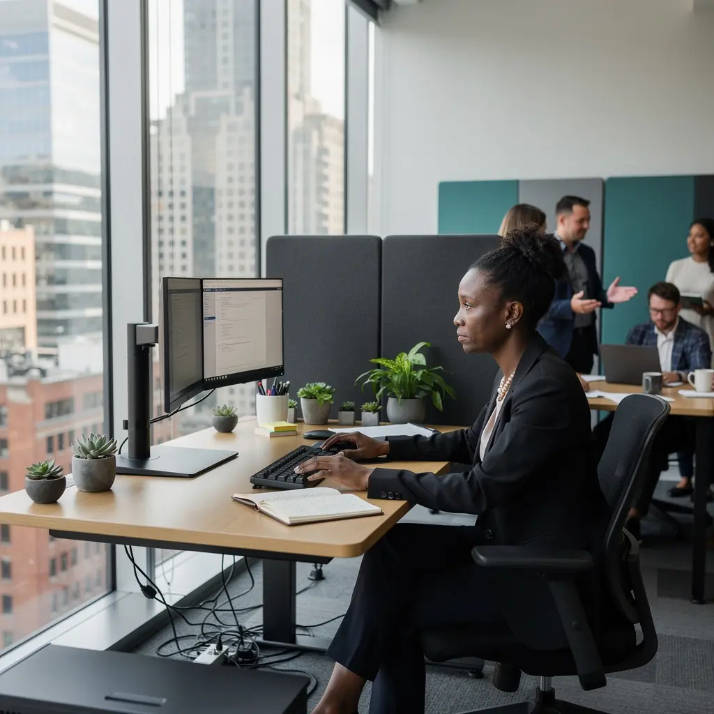 Pracownicy w przestrzeni biurowej korzystający z akustycznych paneli dźwiękochłonnych.