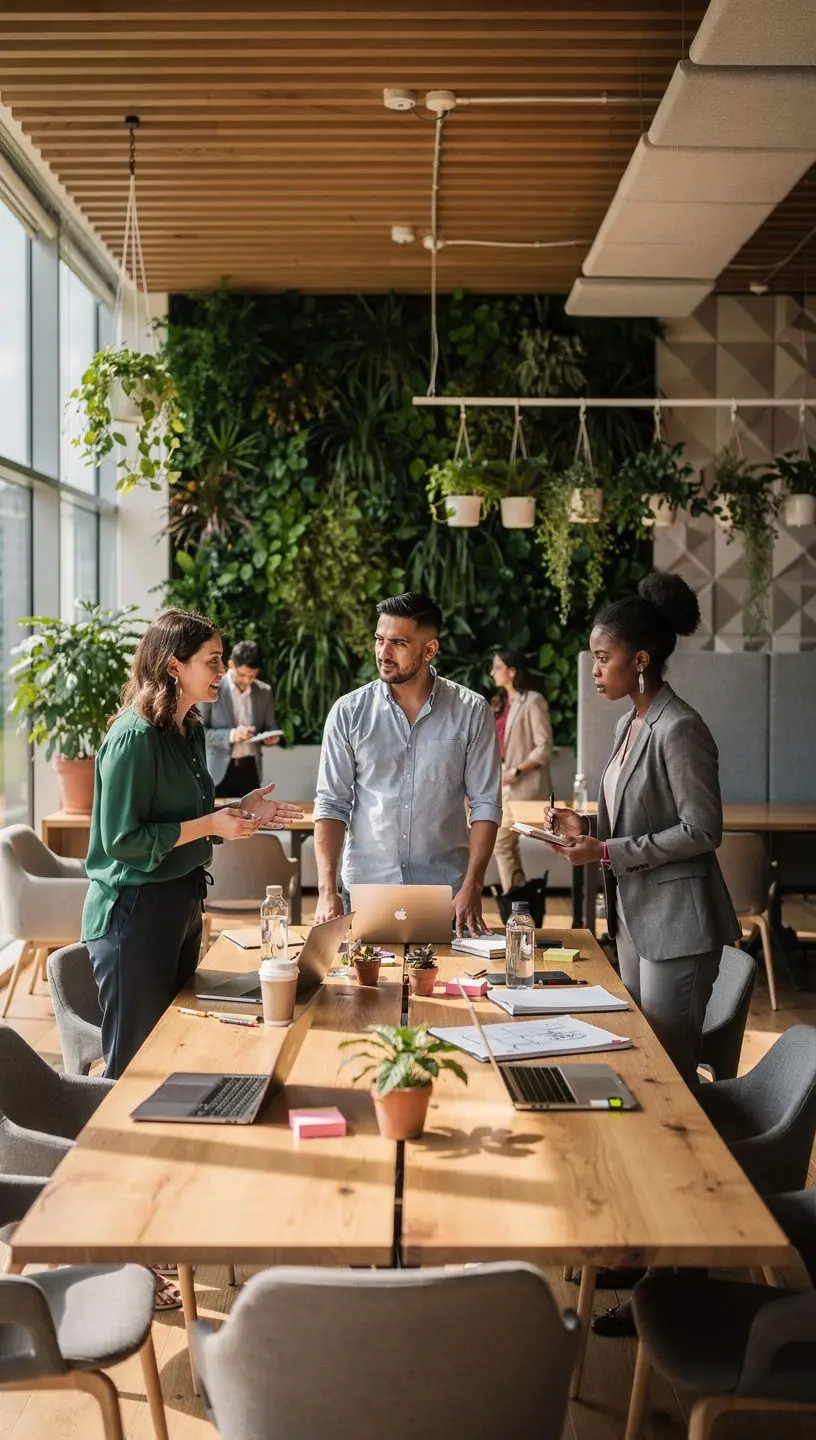 Estetyczne biuro z naturalnym światłem i przyjaznymi kolorami.