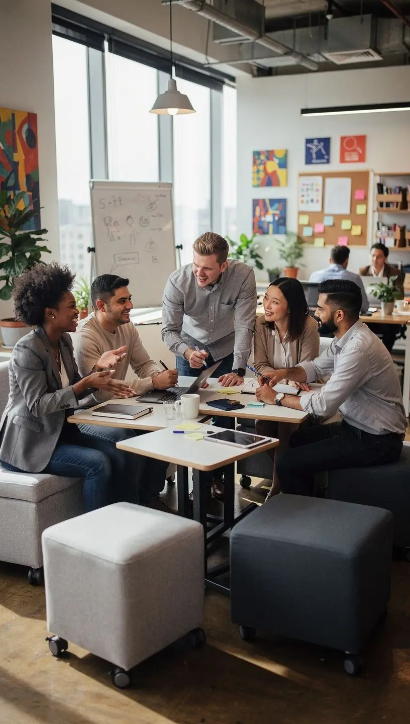 Przykład układu biura, który sprzyja efektywności i współpracy zespołowej.