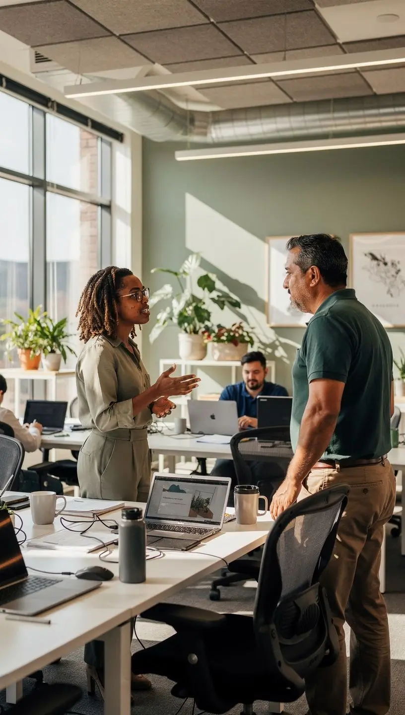 Stylowe biuro z przestrzennym układem, które zachęca do kreatywności i efektywności w pracy.
