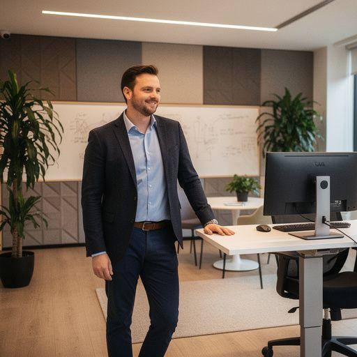 Plan biura z zaznaczonymi strefami pracy i przestrzeniami do spotkań.